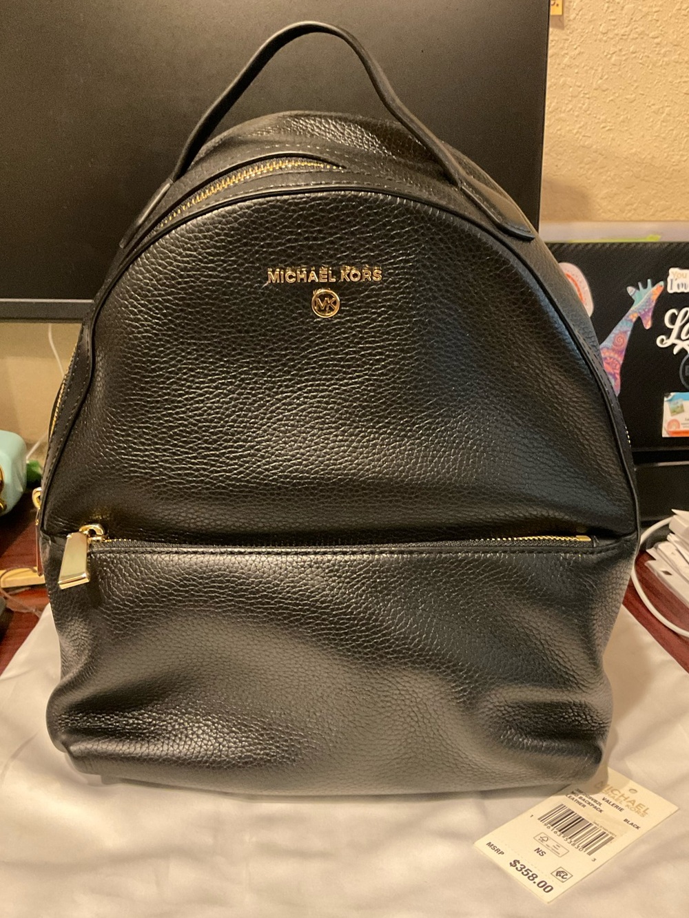 NWOT Michael Kors Valerie Pebble Leather Backpack with Gold Hardware, Black